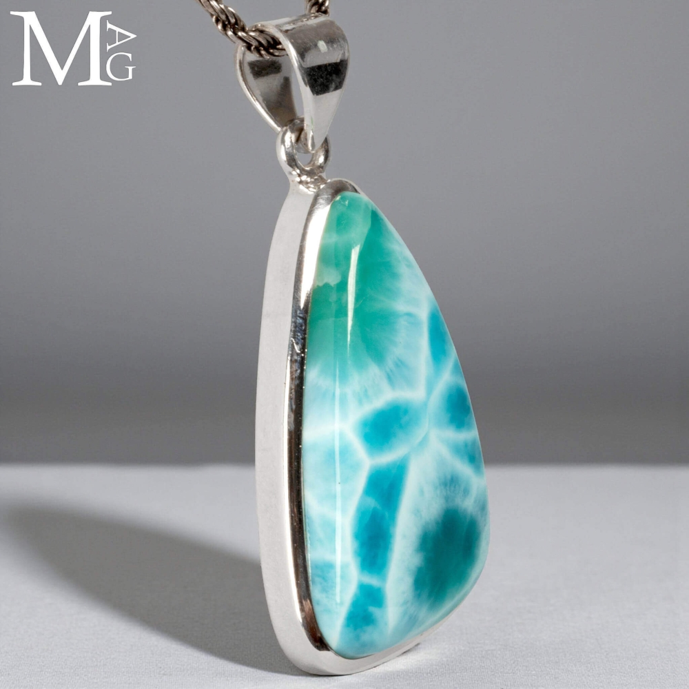 Ciondolo In Larimar Fatto A Mano, Argento Sterling 925, Pietra Preziosa Rotonda
